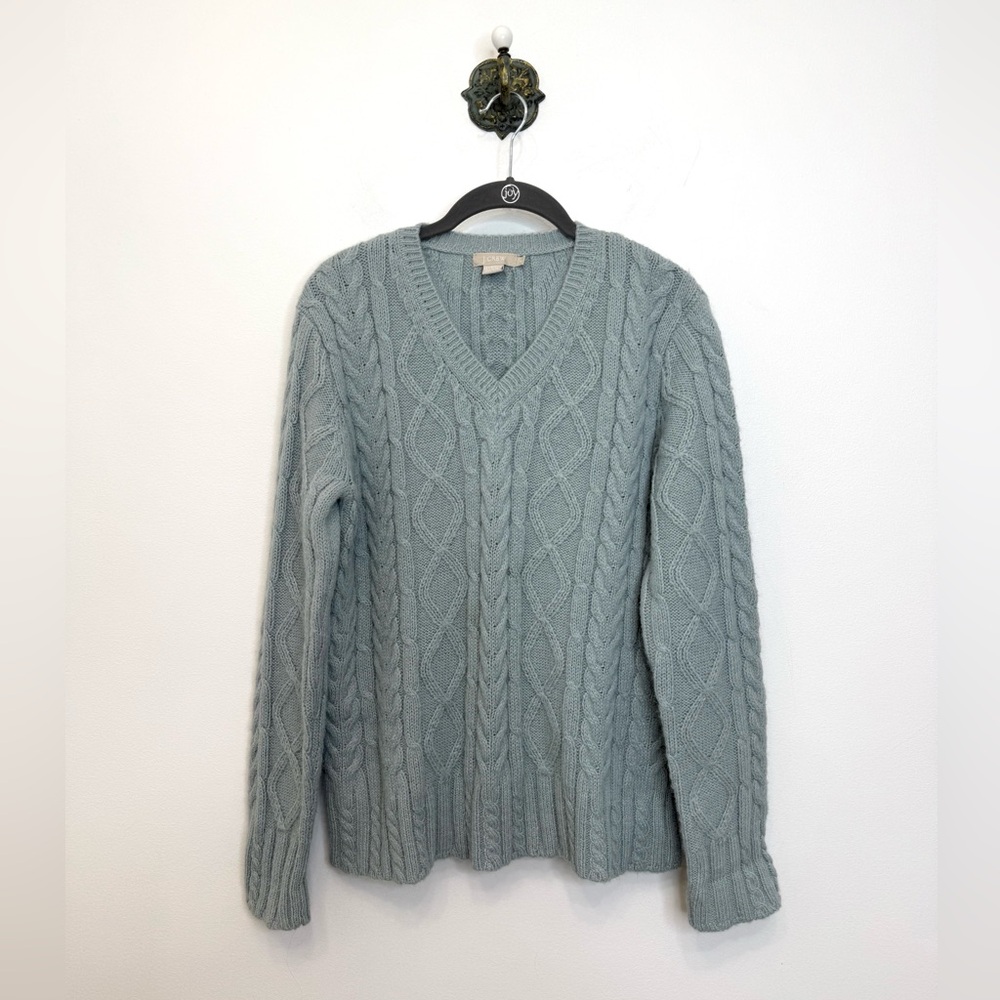 J. Crew Mohair Blue Alpaca Blend Cable Knit Sweater Size Medium V Neck Fisherman